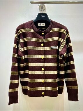 Miu Miu Brown and Cream Striped Button-Front Cardigan
